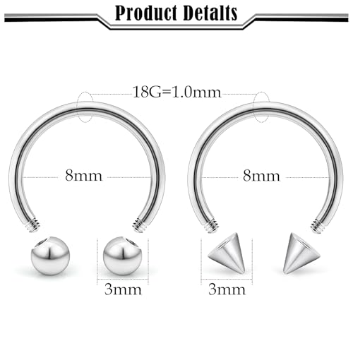 20G-00G Septum Rings horseshoes Nose Rings Hoops 316L Surgical Steel Snake Bites Lip Nipple Ring Cartilage Tragus Helix Rook Conch Daith Earrings Pa Piercing Jewelry for Women Men - style: 18G(1.0mm)-Dia:8mm