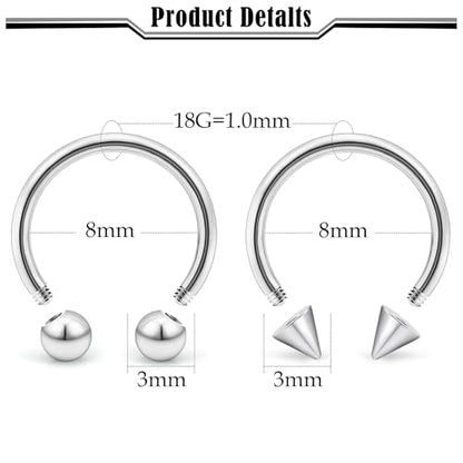20G-00G Septum Rings horseshoes Nose Rings Hoops 316L Surgical Steel Snake Bites Lip Nipple Ring Cartilage Tragus Helix Rook Conch Daith Earrings Pa Piercing Jewelry for Women Men - style: 18G(1.0mm)-Dia:8mm