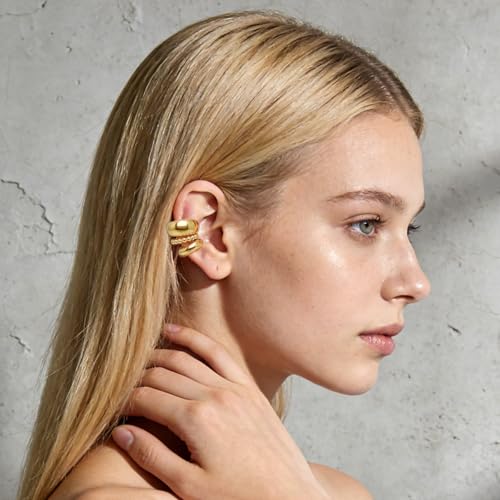 3 Pcs Ear Cuffs for Women Non Piercing Earrings Set 14K Gold/Silver Plated Ear Cuff for Non Pierced Ears Chunky Thin Clip On Earring Fake Earrings - color: Gold