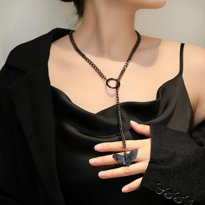 Slip Chain Choker for Women Handmade Black Stainless Steel Cuban Chain Chunky Moon Bat Raven Skull Pendant Gothic Punk Rock Collar Adjustable Lariat Y Necklace for Men - style: Black moth