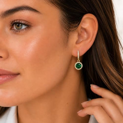 14K Gold Plated Hoop Dangle Earrings for Women, Hypoallergenic Colorful Cubic Zirconia Drop Earrings, Lightweight Huggie Earrings for Women - color: Gold/Emerald Green