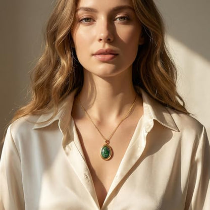 Colorful Natural Stone Necklaces for Women Trendy 14K Gold Plated Oval Gemstone Pendant Statement Necklace Jewelry Gifts for Women - color: Green