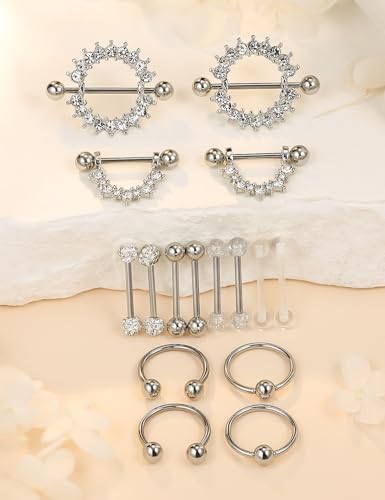 Cisyozi 16G 14G Nipple Piercing Jewelry Tongue Rings Hypoallergenic Surgical Steel Screw Nipple Tongue Shield Ring Barbell Body Piercing Jewelry Retainer for Women 9/16 Inch 14mm - color: F:8Pairs-16g(1.2mm)-Silver