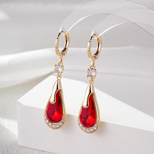 Trendy Austrian Crystal Teardrop Drop Huggie Dangle Earrings for Women 14k Rose Gold Plated Hypoallergenic Jewelry Gifts - color: Red