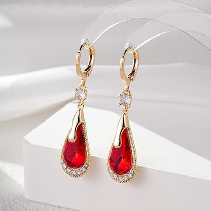Trendy Austrian Crystal Teardrop Drop Huggie Dangle Earrings for Women 14k Rose Gold Plated Hypoallergenic Jewelry Gifts - color: Red