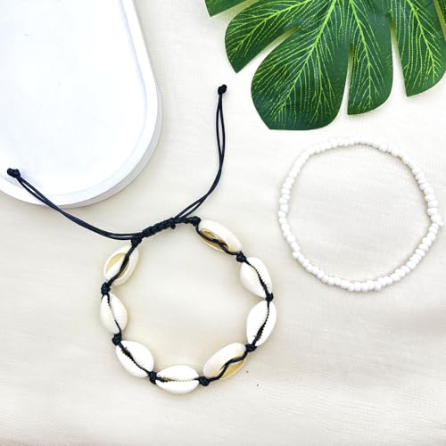 3PCS Boho Anklets for Women Summer Beach Women's Ankle Bracelets Beaded Anklet Bracelet Waterproof Beach Anklets Shell Starfish Anklet Foot Chain Jewelry for Women - color: 2PCS/black rope