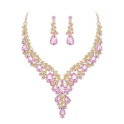 Wedding Bridal Necklace Earrings Jewelry Set for Women | Gorgeous Austrian Crystal Teardrop Flower Cluster for Bridal Bride Bridesmaid - color: 2Pcs-Pink Gold-Tone