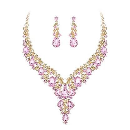 Wedding Bridal Necklace Earrings Jewelry Set for Women | Gorgeous Austrian Crystal Teardrop Flower Cluster for Bridal Bride Bridesmaid - color: 2Pcs-Pink Gold-Tone