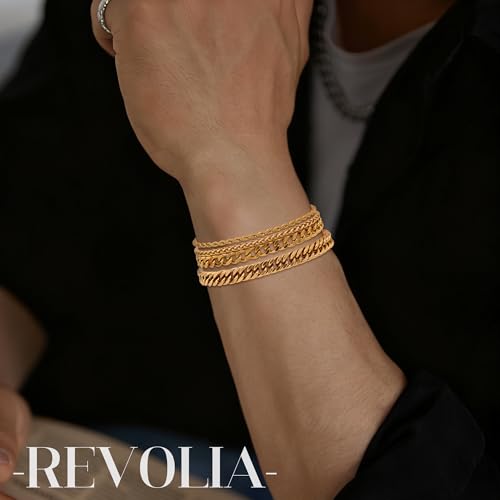 REVOLIA 8Pcs Stainless Steel Chain Bracelets for Men Women Cuban Link Bracelets Paperclip Figaro Rope Chain Bracelets Set 6.8-9 Inches - color: Gold