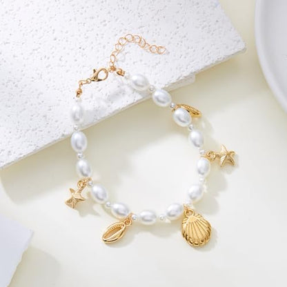 Starfish Mermaid Anklets Bracelets for Women Waterproof Gold Beaded Seashell Starfish Anklets Bohemian Summer Surf Stackable Anklet Bracelet Hawaiian Mermaid Jewelry Outfits for Women - style: Pearl starfish
