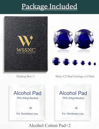 6 Pairs Stud Earrings Set, Hypoallergenic Cubic Zirconia 316L Earrings Stainless Steel CZ Earrings 3-8mm (Steel color) - color: A-013-Blue