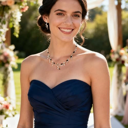 Cubic Zirconia Leaf Vine Wedding Jewelry Set for Bride Women Bridesmaid | Pear-Shaped Birthstone, Necklace Dangle Earrings for Bridesmaid, Silver-Plated-Brass - color: 2pcs_Black Gold-Plated-Brass