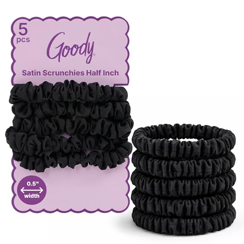 Goody Ouchless Half Inch Satin Scrunchies, Frizz Fighting, No Damage Scrunchies, All Hair Types, Gentle, Secure & Creaseless Hair Ties for Day and Overnight, Gifts for Women & Girls, 5 Ct, Black - style: Half Inch/Medium
