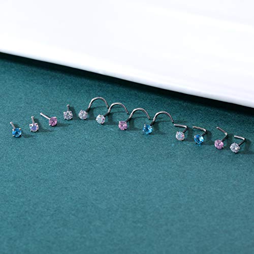 ZS 20G Nose Stud Rings Set, Stainless Steel CZ Nose Piercing Jewelry | Hypoallergenic Nose Bone Rings, L Shaped & Screw Nose Studs, 3mm CZ Stone Nostril Jewelry for Women Men - color: 12pcs Nose Screws Style