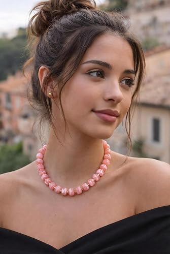 Chunky Beaded Necklace for Women, Colorful Boho Statement Necklace, Gold Chunky Resin Large Bead Necklace, Waterproof Summer Beach Jewelry Gifts for Women - color: Pink