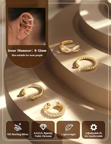 LOLIAS 925 Sterling Silver Ear Cuffs Non Piercing - 14K Gold Plated Ear Cuff Earrings for Women Adjustable Clip on Cartialge Earrings Non Pierced Fake Earring Stacks - color: 14K Gold-Cross Style