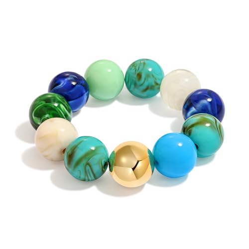 WOWORAMA Chunky Beaded Bracelets for Women Colorful Large Square Beads Bracelet Boho Acrylic Resin Stretch Bracelets Statement Chunky Bracelet Summer Jewelry - color: Large-blue