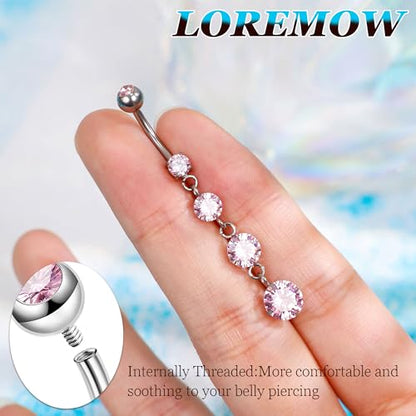 14G G23 Pure Titanium Dangle Belly Button Rings for Women Dangling Belly Ring Curved Barbell Internally Threaded Navel Rings CZ Navel Piercing Jewelry - color: Pink