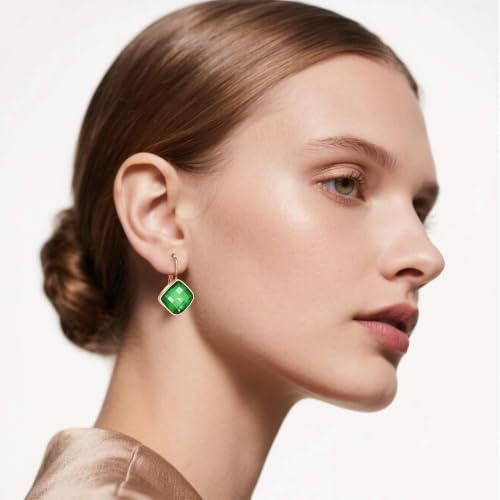 Austrian Crystal Square Leverback Drop Earrings for Women | Classic Square-Cut Crystal,14K Gold-Plated,Leverback for Easy Secure Wear,Gift Box Included,For Day and Evening Events - color: Emerald