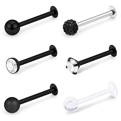 16G Stainless Steel Labret Studs Monroe Lip Rings Retainer Cartilage Tragus Nail Conch Helix Earring Barbell Piercing Jewelry with Clear Diamond CZ for Women Men - color: 5/16"(8mm) black