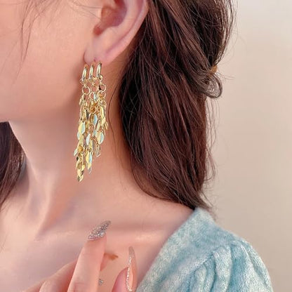 Long Dangle Earrings For Women, Fringe Chandelier Earrings Punk Metal Chain Earrings Hypoallergenic Lightweight Tassel Drop Earrings - color: H-Gold