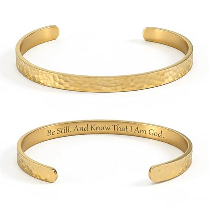 Inspirational Bible Verse Cuff Bracelet for Women, 18K Gold Plated Hammered Bangle, Christian Faith Jewelry Gift, Adjustable Non Tarnish - color: Be still, and know that I am God-Hammered Gold