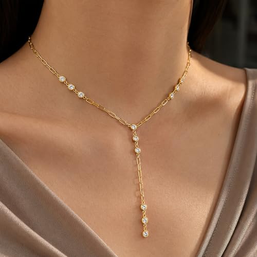 Mchic Gold Necklace for Women Dainty Long Lariat Necklace 18K Gold/Silver Plated Y-Shaped Pendant Necklaces Minimalist Layered Drop Necklaces Trendy Jewelry Gift - color: Gold1