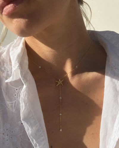 14K Gold Plated Lariat Necklace for Women, Dainty Star Drop Long Necklaces CZ Y-Shaped Pendant Necklaces for Women Trendy Jewelry - color: starfish