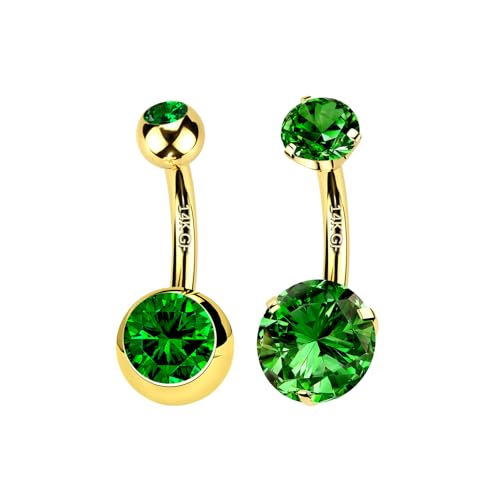 2pcs 14k Gold Filled Belly Button Rings, 14G 8mm/10mm/12mm Threaded Barbell Belly Button Piercing, Navel Ring Piercing Jewelry - color: 14K GF-2pcs-Green Round CZ-12mm