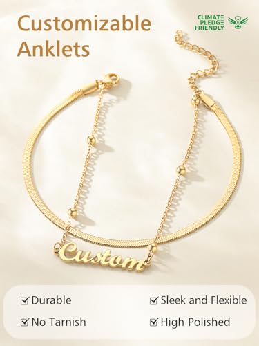 FindChic Custom Ankle Bracelets for Women, Stainless Steel Figaro/Cuban/Wheat/Rope/Herringbone Chain Anklets, Beach Foot Jewelry 8.5''-10.5'' Adjustable & Waterproof, with Gift Box - style: Herringbone Chain-Gold