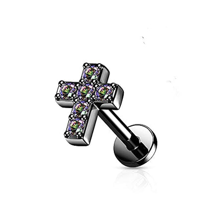 Covet Jewelry 6 CZ Cross Top with Internally Threaded Surgical Steel Flat Back Studs with Extended Threading for Labret, Monroe, Cartilage and More - style: 16GA, L: 5/16" (8mm), Black/Vitrail Medium