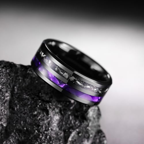 King Will Tungsten Rings for Men with Galaxy Shell Sand Meteorite Inlay | Black, 8mm, Brushed, Pipe Cut, Shell inlay, Everyday Wear - color: Black Purple