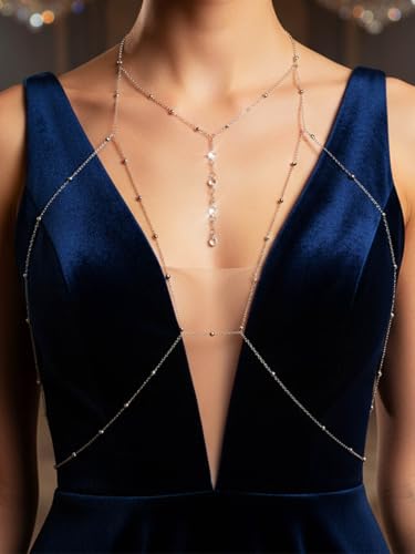 Urieo Sparkly Beads Bra Chain Silver Crystal Chest Chains Rhinestone Layered Sexy Nightclub Beach Rave Body Chain for Women - style: A-silver