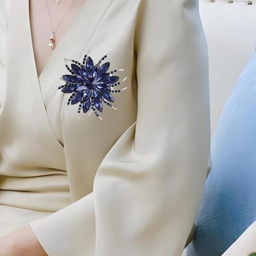Rinestone Flower Brooch for Women Men Elegant Crystal Rose Flower Lapel Dress Brooches Pin Party Accessories Jewelry - style: Deep Blue