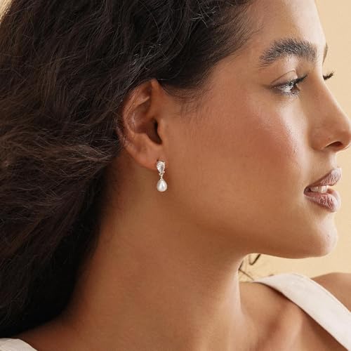 Gold Earrings for Women Trendy, Dainty Dangle Earrings 14K Gold Plated Drop Earrings Cute Wedding Earrings Fashion Prom Bridal Jewelry Gifts - color: Silver LX Pearl