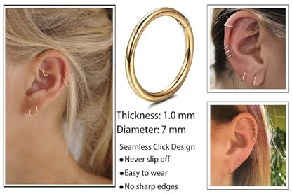 Unisex Dainty Tiny 18k Real Gold Plating Cartilage Huggie Hoop Earrings, 16G Surgical Steel Small Endless Hinged Hoops Earring for Earlobe Cartilage Helix Rook Daith Conch Nose Lip Body Piercing Jewelry - color: Gold 7mm