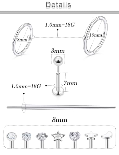 20G 18G 16G Threadless Lip Labret Medusa Monroe Nose Piercing Jewelry Surgical Steel Snake Bites Lip Rings Flat Back Push in Cartilage Tragus Helix Conch Earring Stud 6mm 8mm 10mm Bars - color: Silver-18G（1.0mm) - Bars:7mm - Hinged Clicker Rings:8mm 10mm