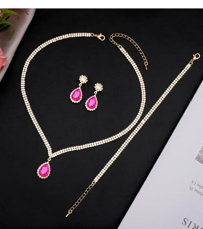 Elegant Silver Crystal Wedding Necklace Earrings Bracelet Jewelry Set for Women Brides Bridesmaids Prom Party Costume Accessory Bridal Jewelry - color: gold tone-hot pink