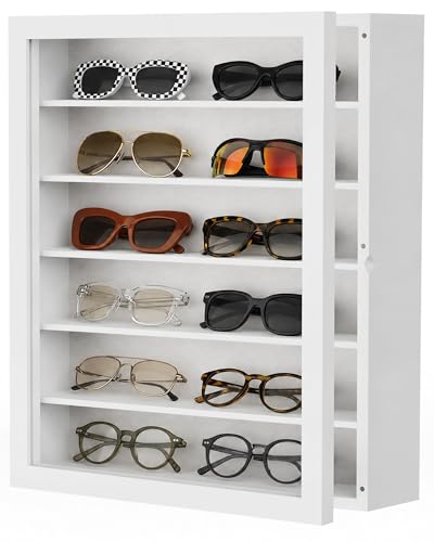 TJ.MOREE Sunglass Organizer Wall Mounted Glasses Holder Display Case 6 Tier | 13 x 15.6 inches Wooden Storage Box for Multiple Pairs Eyeglasses Sports Sunglasses - color: White, size: 6-Tier