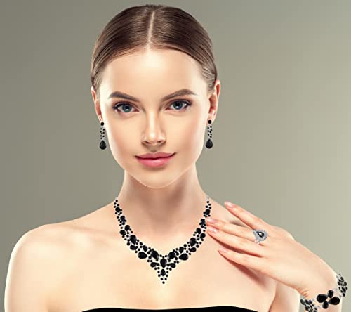 Paxuan Crystal Bridal Wedding Jewelry Sets for Women Rhinestone Teardrop Crystal Statement Choker Necklace Drop Earrings Link Bracelets Rings Teardrop Jewelry Set for Brides Bridesmaids - color: Black