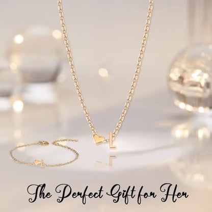 Gold Bracelets For Women Heart Initial Letter Pendant Necklace and Bracelet Set Personalized Jewelry Sets for Women Birthday Gifts for Mom Her Daughter Initial Necklace 14K Silver Plated - style: Gold-L