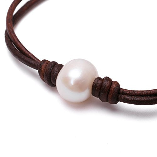Single Cultured Freshwater Pearl Bracelet Handmade Leather Pearl Jewelry for Women 7'' - style: 7'' Brown