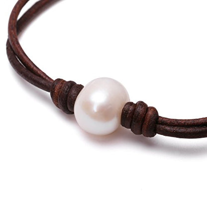 Single Cultured Freshwater Pearl Bracelet Handmade Leather Pearl Jewelry for Women 7'' - style: 7'' Brown