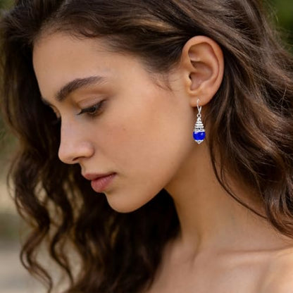 Natural 10mm Stone Beads Drop Earrings,Retro Silver Round Quartz Crystal Gemstone Beads Dangle Earrings for Women - color: A19_Blue Spinel