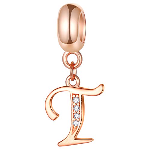 EMOSTAR Letter Charms Initial A-Z Alphabet Beads, Rose Gold 925 Sterling Silver Dangle CZ Birthstone Pendant, Gifts for European Charm Bracelet/Mothers Day/Birthday - color: Letter T