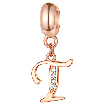 EMOSTAR Letter Charms Initial A-Z Alphabet Beads, Rose Gold 925 Sterling Silver Dangle CZ Birthstone Pendant, Gifts for European Charm Bracelet/Mothers Day/Birthday - color: Letter T