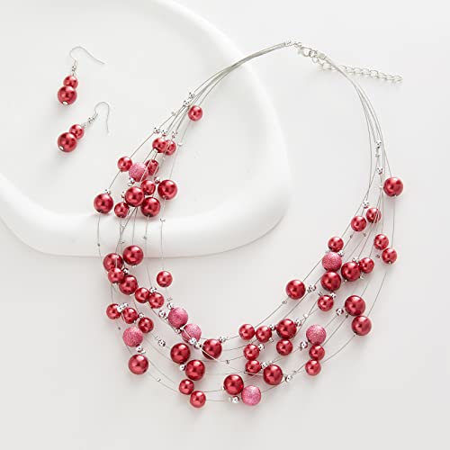 FULU AUTUMN Layered Pearl Necklace Multi-strand Pearl Choker Necklaces for Women Beaded jewelry for Wedding Parties - color: 37-Red
