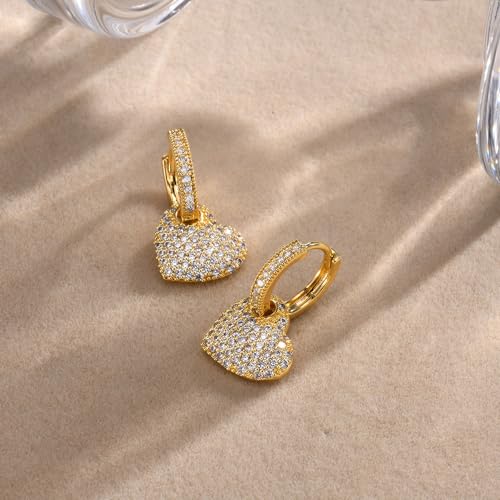 Crystal Heart Dangle Hoop Huggie Earrings for Women Dainty 14k Gold-Tone Plated Cubic Zirconia Small Hoops Earring Charm Drop Jewelry Gift for Ladies Love Statement Valentine's Day Gifts for Girlfriend
