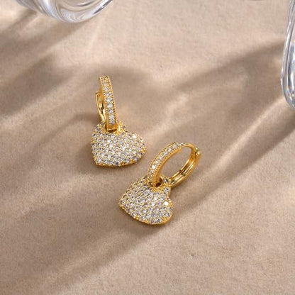 Crystal Heart Dangle Hoop Huggie Earrings for Women Dainty 14k Gold-Tone Plated Cubic Zirconia Small Hoops Earring Charm Drop Jewelry Gift for Ladies Love Statement Valentine's Day Gifts for Girlfriend