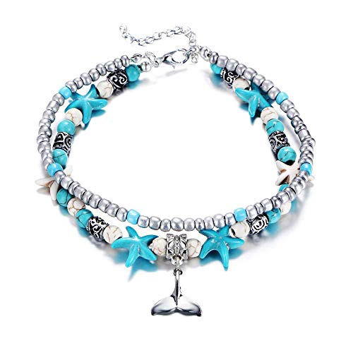 Softones Blue Starfish Turtle Anklet Multilayer Charm Beads Sea Handmade Boho Anklet Foot Jewelry for Women - style: N:Tail
